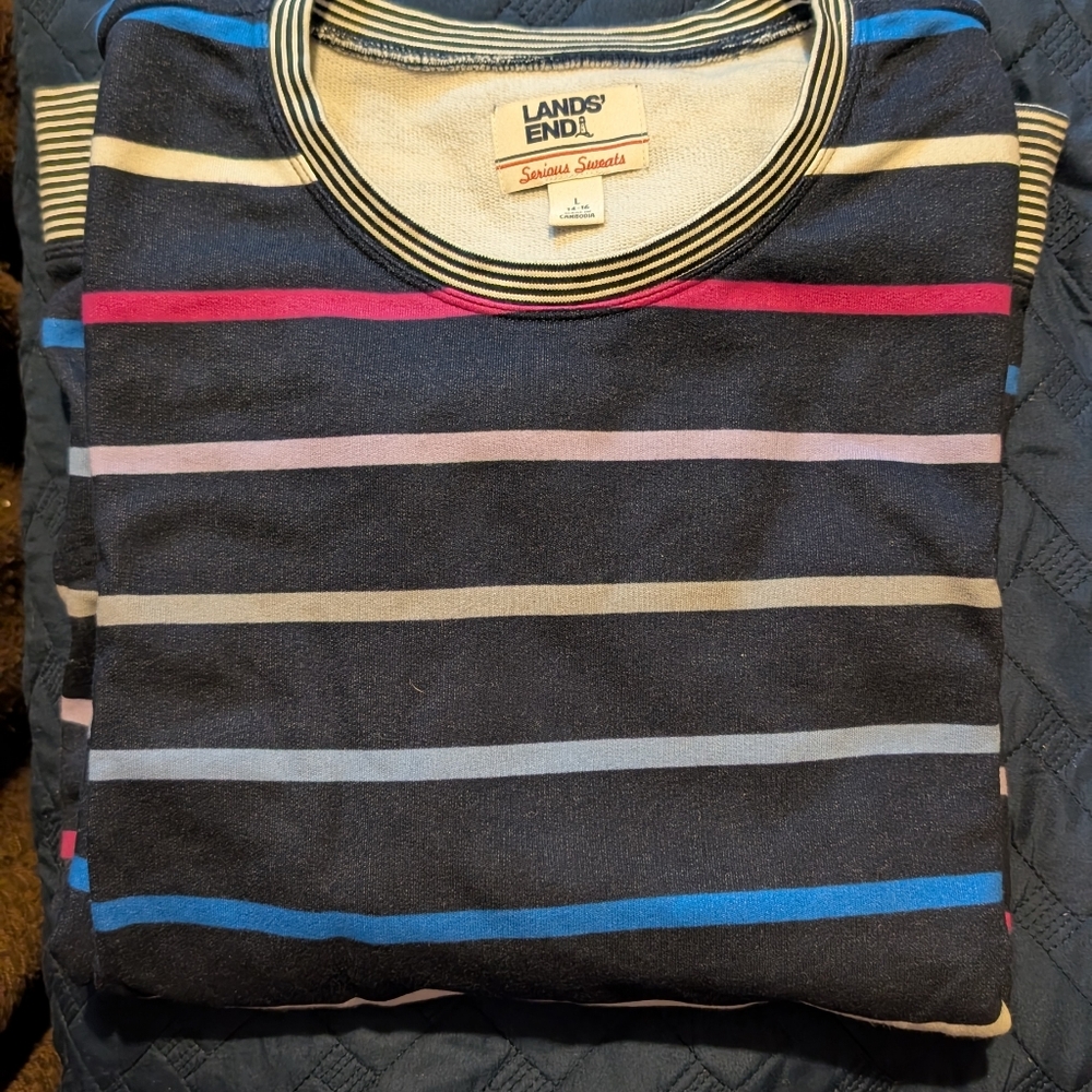 Lands' End Women's Crewneck Sweatshirtr - Black with Blue and Pink Stripes
